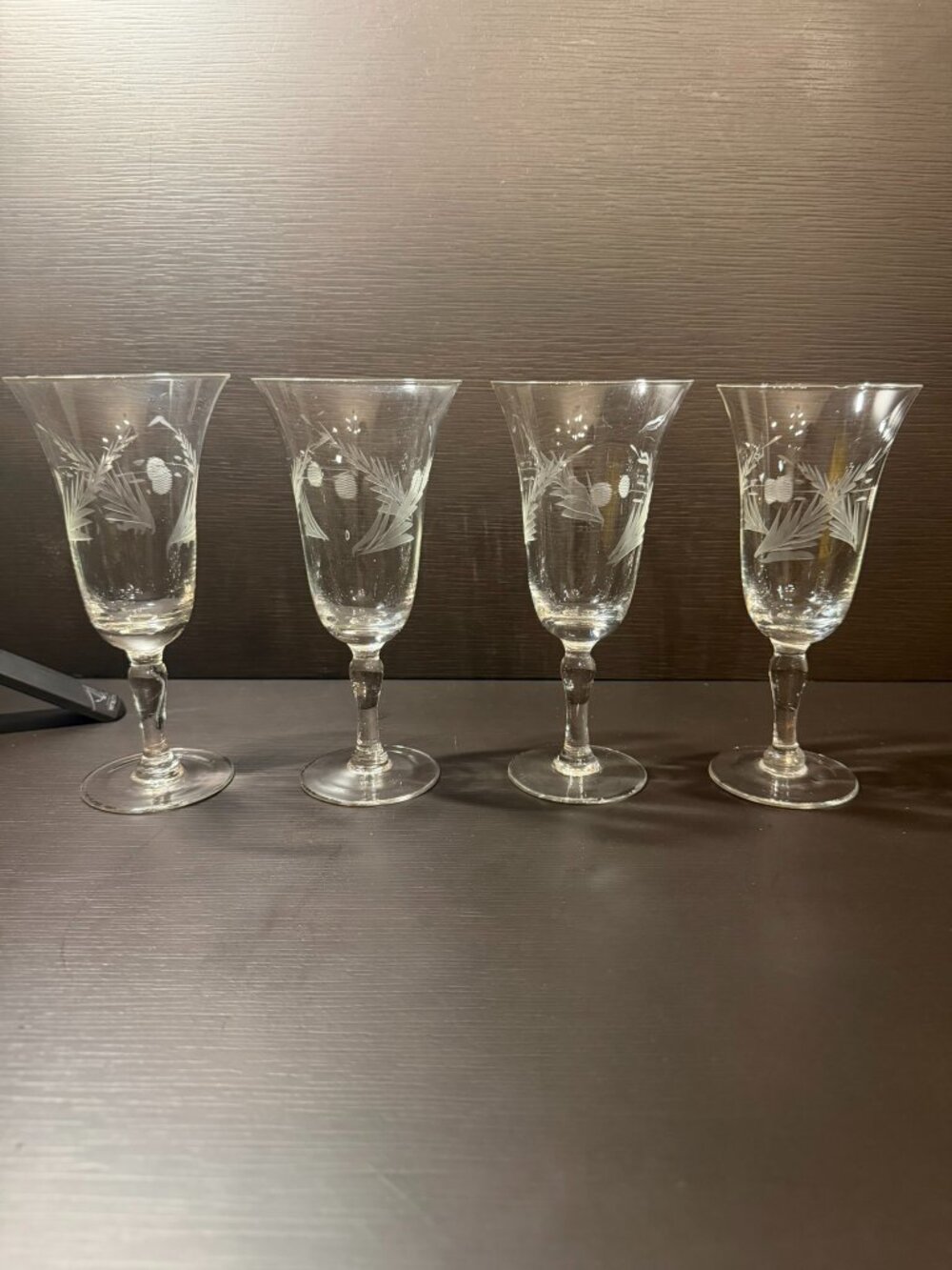 Vintage Etched Wheat Wine Glasses Fern Crystal Water Goblets Trumpet Set of 4